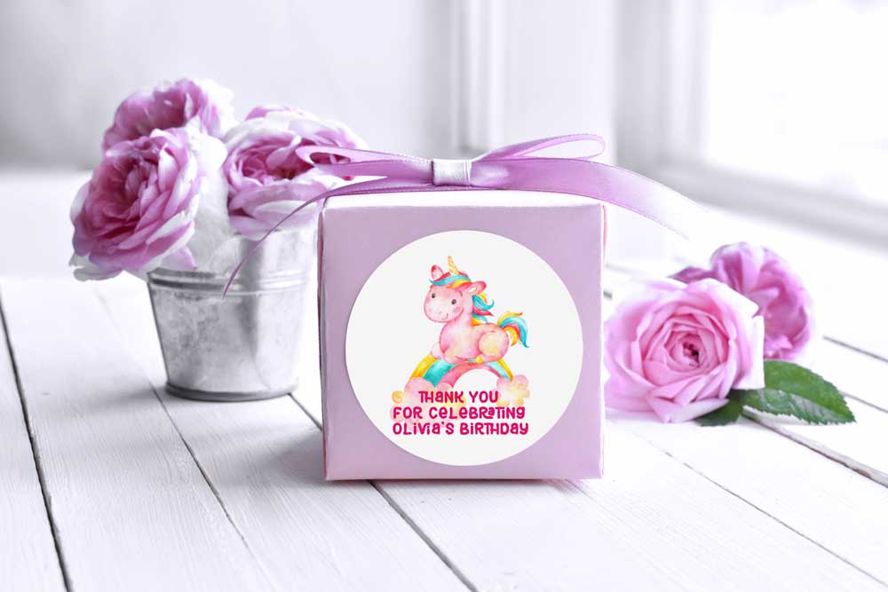 birthday party invitations and birthday party bag stickers. unicorn sticker